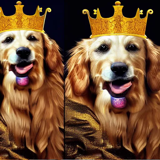 Prompt: Photomanipulation of golden retriver king , is dressed as a king, ultrarealism, photorealism, detailed, crown and gown