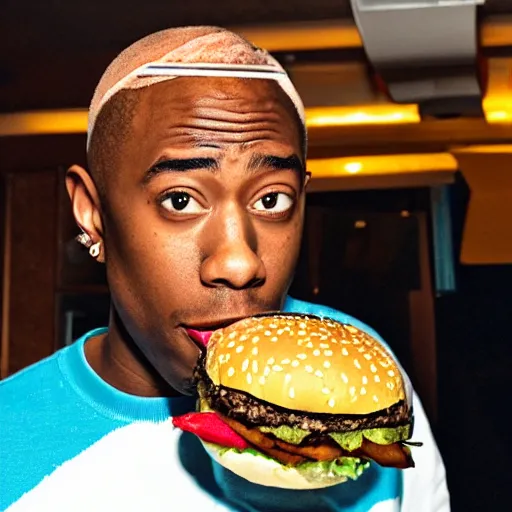 Prompt: Tyler the creator eating a comedically large burger