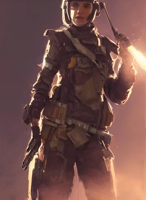 Prompt: of a beautiful sniper girl in war, with futuristic gear and helmet, portrait, hoding a arrowgun, in the style of greg rutkowski, artstation, high quality art, lighting flare effect