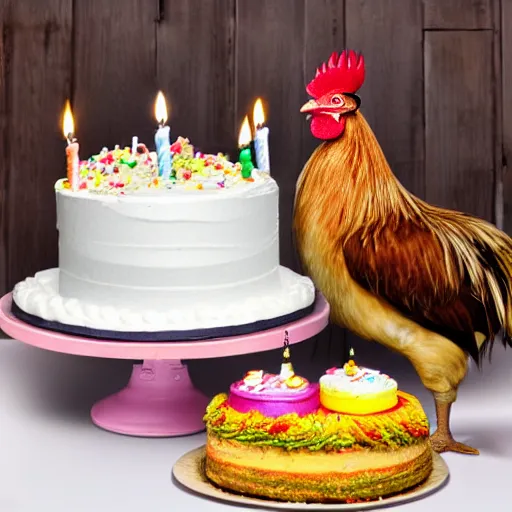 Prompt: a realistic photo of a hatchling chick and a big rooster all alone next to a birthday cake