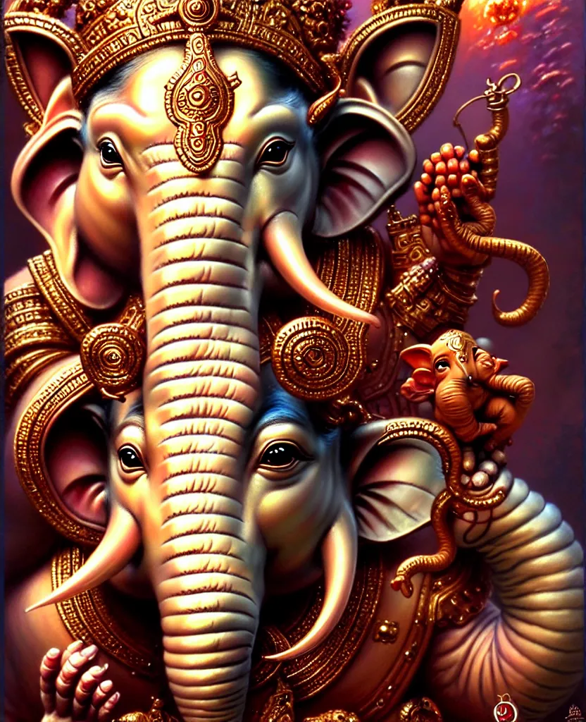 Image similar to beautiful ganesha fantasy character portrait, close - up, headshot, ultra realistic, intricate details, the fifth element artifacts, highly detailed by peter mohrbacher, hajime sorayama, wayne barlowe, boris vallejo, aaron horkey, gaston bussiere, craig mullins