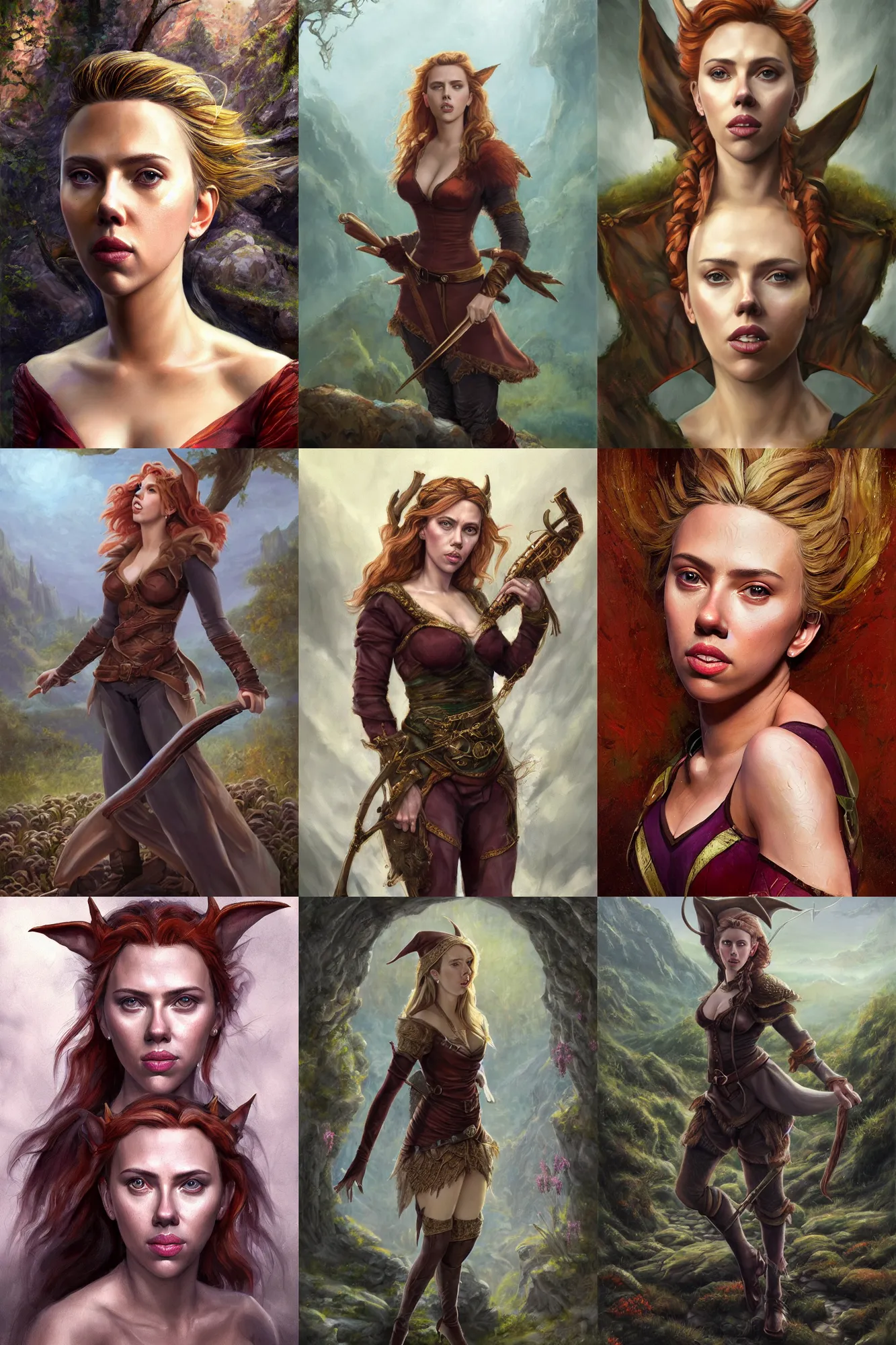 Image similar to a full body high detail fantasy portrait oil painting illustration of scarlett johansson as a beautiful sophisticated posing bard elf by justin sweet with face and body clearly visible, in a scenic background, pupils visible, realistic proportions, d & d, rpg, forgotten realms, artstation trending, high quality, sombre mood, artstation trending, muted colours, entire person visible!