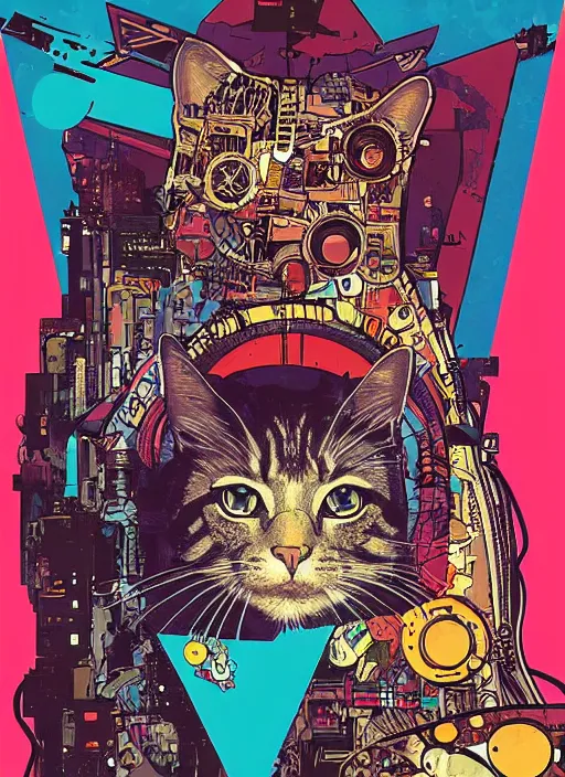 Prompt: cyberpunk cat cyborg portrait illustration, pop art, splash painting, art by geof darrow, ashley wood, alphonse mucha, makoto shinkai