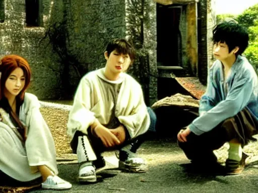 Image similar to full - color still from a 2 0 0 2 live - action tv drama adaptation of haibane renmei. cozy ; peaceful ; bucolic ; quaint.