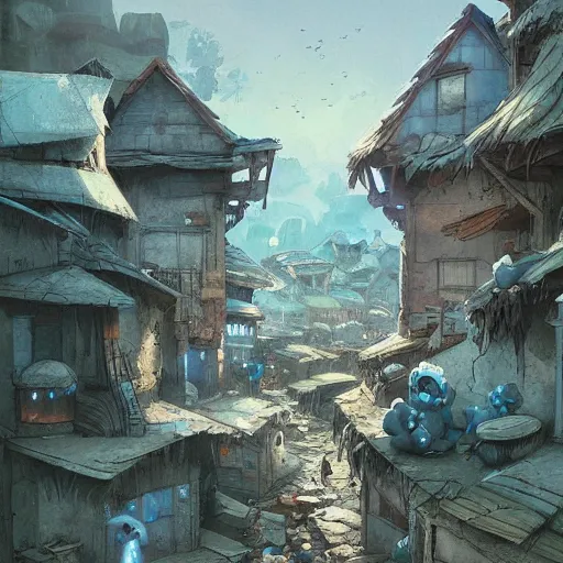 Prompt: smurf village as slums, greg rutkowski, detailed,