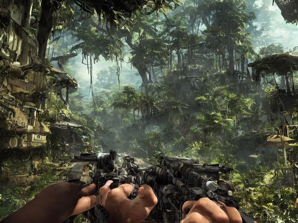 Prompt: |a first person shooter| set in the jungle with |lots of videogame action|, |steampunk ships|, morning lighting, wide angle, anime style rendering