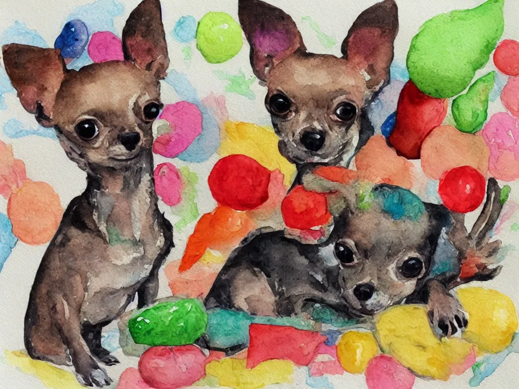 Image similar to a chihuahua dreams of meat slushie outsider art children's illustration watercolor painting