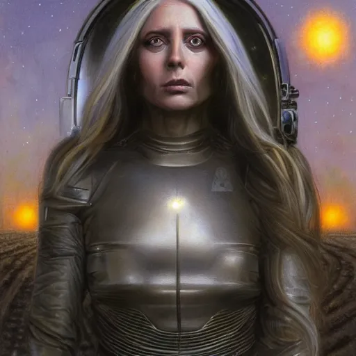 Image similar to pleiadian woman with big eyes and long silver hair wearing a dark body suit and holding a plasma gun as a realistic sci fi character, portrait art by donato giancola and greg rutkowski, digital art, trending on artstation, standing in a barren field