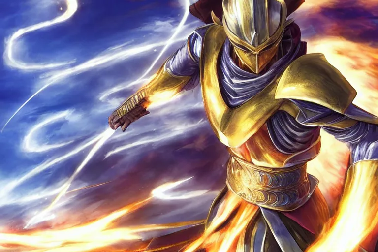 Image similar to an ultra detailed portrait of saladin as a shonen anime protagonist charging into battle wearing bright gold armor and huge flaming longsword blessed by god, epic anime fantasy, 8 k, volumetric lighting, smooth, highly detailed, digital illustration, art by kentaro miura and akira toriyama and artgerm