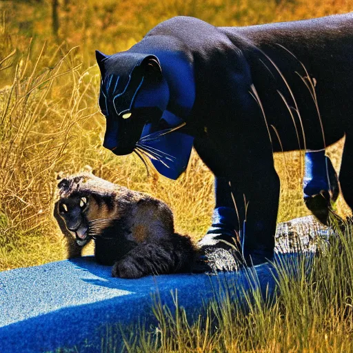 Image similar to nature photography picture of blue and black panther. blood drips from its mouth. a robot lays in a ditch in the background.