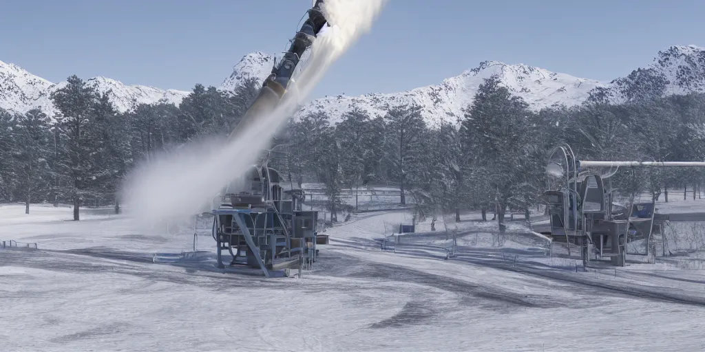 Image similar to snowmaking machine, snowy mountains at background, realistic, 8 k