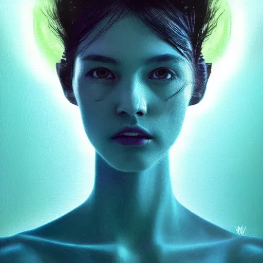 Prompt: 3 d, sci - fi, morning, sleepy fashion model face, sun, cinematic, clouds, lightning flashes, vogue cover style, poster art, light green and deep blue mood, realistic painting, intricate oil painting, high detail, figurative art, multiple exposure, poster art, 3 d, by tooth wu and wlop and beeple and greg rutkowski