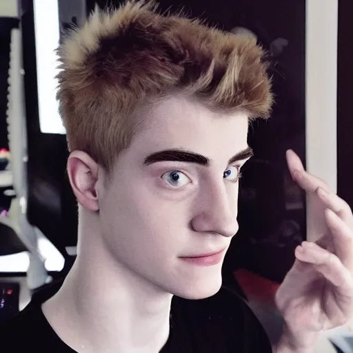 Image similar to “a realistic detailed photo of a guy who is an attractive humanoid who is half robot and half humanoid, who is a male android, twitch streamer Ninja Tyler Blevins, shiny skin, posing like a statue, blank stare, gaming room, close up”