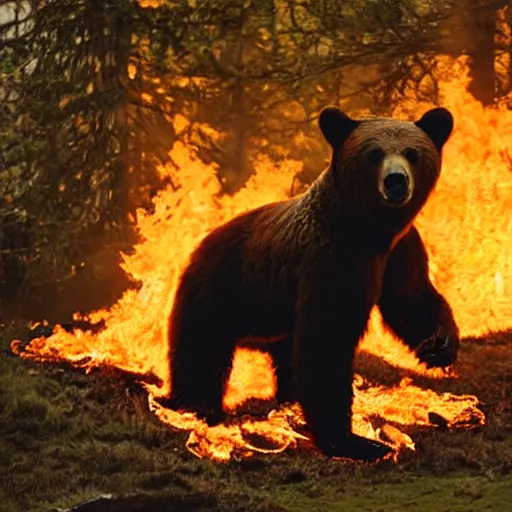 Prompt: a bear that has caught on fire and is now engulfed in flames