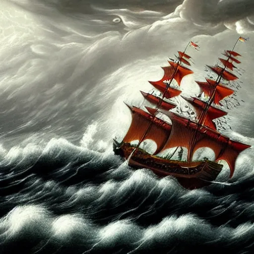 Image similar to a highly detailed hyperrealistic scene of a ship being attacked by giant squid tentacles, jellyfish, squid attack, dark, voluminous clouds, thunder, stormy seas, pirate ship, dark, high contrast
