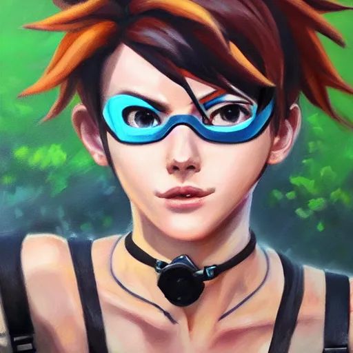 Image similar to oil painting of tracer overwatch in a field, in style of artgerm, expressive face, very detailed face, wearing large steel choker, very detailed eyes, full body, feminine face, detailed makeup on eyes,