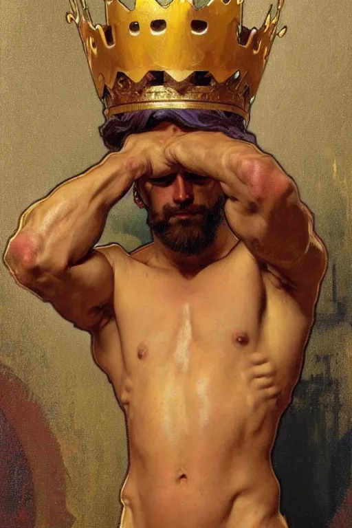 Image similar to A man wearing golden crown, muscular, painting by greg rutkowski and alphonse mucha