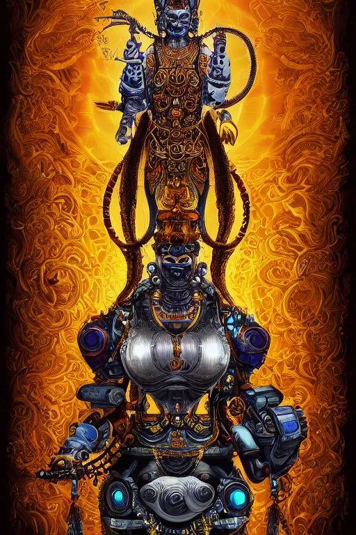 Prompt: a study of cell shaded illustration of a neofuturistic ornate cyborg robot fu manchu buddha with a big belly dancing like shiva, golden ratio, post grunge screen print poster, character concept art by Miles Tsang, highly detailed, sharp focus, motherboard, Artstation, deviantart, artgem