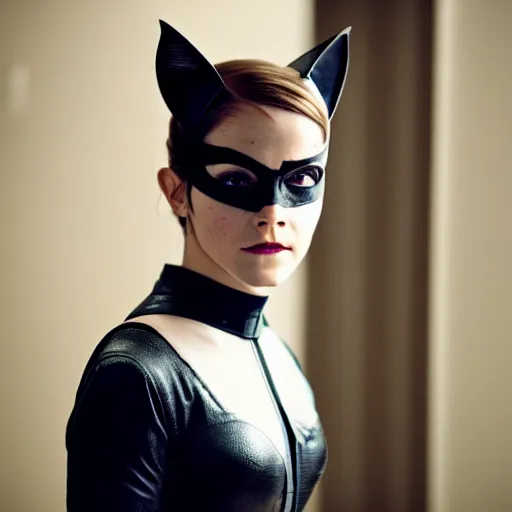 Image similar to Emma Watson as Catwoman, XF IQ4, 150MP, 50mm, f/1.4, ISO 200, 1/160s, natural light, Adobe Lightroom, photolab, Affinity Photo, PhotoDirector 365, filling the frame, rule of thirds, symmetrical balance, depth layering