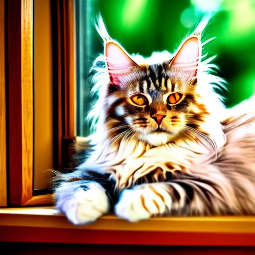 Image similar to portrait cream color maine coon cat curled up, bay window sofa, 8K, 4K, digital art, palette knife, oversaturated lens flair, bokeh, sunbeam, UE5, sumi-e