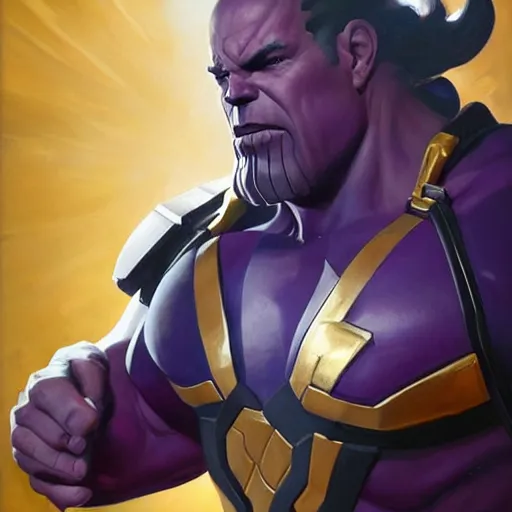 Image similar to greg manchess portrait painting of thanos as overwatch character, medium shot, asymmetrical, profile picture, organic painting, sunny day, matte painting, bold shapes, hard edges, street art, trending on artstation, by huang guangjian and gil elvgren and sachin teng