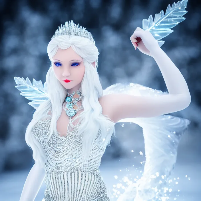 Image similar to photograph of a real-life beautiful ice queen with ornate white dress. Extremely detailed. 8k