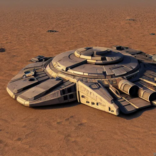 Image similar to The spaceship Millenium Falcon half-buried in sand on Tatooine, cinematic lighting, concept art, trending on artstation