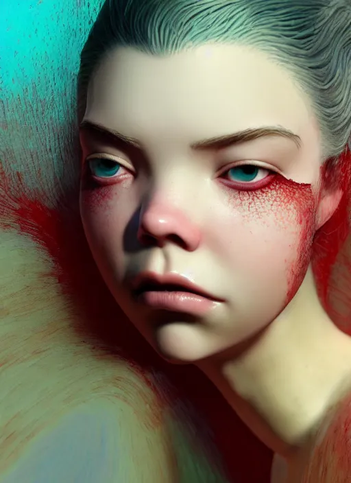 Image similar to hyper detailed 3d render like a Oil painting - very coherent Concrete displacement mapped profile subsurface scattering (a beautiful fae princess protective playful expressive from dark crystal that looks like Anya Taylor-Joy) seen red carpet photoshoot in UVIVF posing in caustic light pattern pool to Eat of the Strangling network of yellowcake aerochrome and milky Fruit and His delicate Hands hold of gossamer polyp blossoms bring iridescent fungal flowers whose spores black the foolish stars by Jacek Yerka, Ilya Kuvshinov, Mariusz Lewandowski, Houdini algorithmic generative render, golen ratio, Abstract brush strokes, Masterpiece, Victor Nizovtsev and James Gilleard, Zdzislaw Beksinski, Tom Whalen, Mark Ryden, Wolfgang Lettl, hints of Yayoi Kasuma and Dr. Seuss, Grant Wood, octane render, 8k