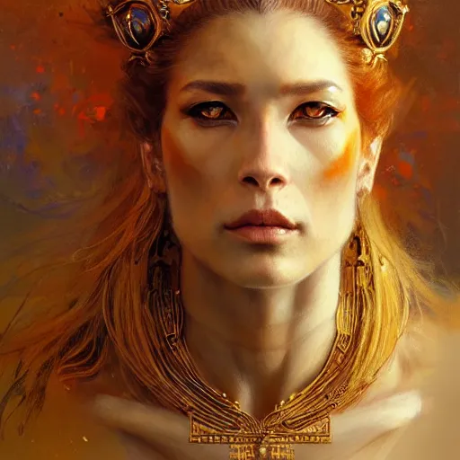 Image similar to highly detailed portrait of a majestic lioness queen in the form of a beautiful woman. d & d, art by gerald brom and ruan jia and carl larsson. trending on artstation, intricate details, energetic composition, golden ratio, concept art, illustration, elegant art