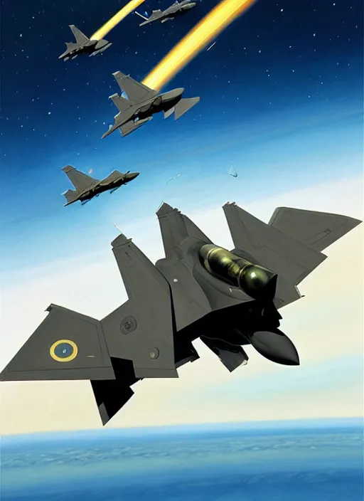 Image similar to poster artwork by michael whelan and tomer hanuka, a portrait, f 3 5 jets dogfighting in the clouds of jupiter, clean