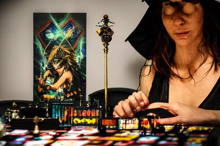 Image similar to close up photo, dramatic lighting, concentration, aphex twin playing with big techno jukebox, tarot cards displayed on the table in front of her, sage smoke, magic wand, a witch hat and cape, apothecary shelves in the background, by yoji shinkawa neon