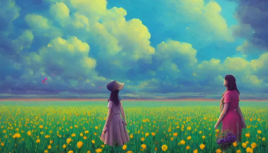 Image similar to girl with a giant flower instead of face, surreal photography, dream, standing in flower field, hills, big trees, sunrise dramatic light, impressionist painting, colorful clouds, digital painting, pointillism, artstation, simon stalenhag, flower face