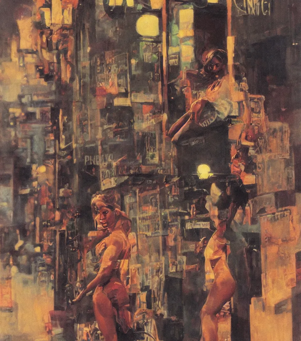 Prompt: standing portrait of ecstatic toni braxton looking into the camera standing smoking a cigarette, summer, warm street lights store front, 1 9 6 0 s technicolor, intricate, moody, personal, highly detailed, short focus depth, donato giancola, joseph christian leyendecker, frank frazetta, alex horley, ralph horsley, michael whelan, 2 0 0 mm focal length