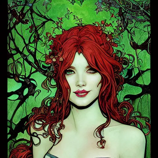 Image similar to a beautiful painting of poison ivy who just walked out of hot topic, dark eyeliner, intricate, elegant, highly detailed, digital painting, artstation, concept art, matte, sharp focus, illustration, art byby rebecca guay and by arthur rackham and by alphonse mucha and by john william waterhouse, comic book style!!
