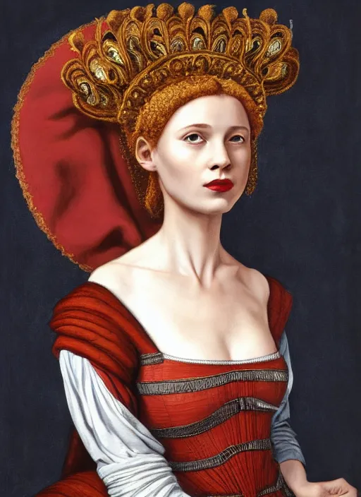 Image similar to portrait of young woman in renaissance dress and renaissance headdress, style by the fifth element