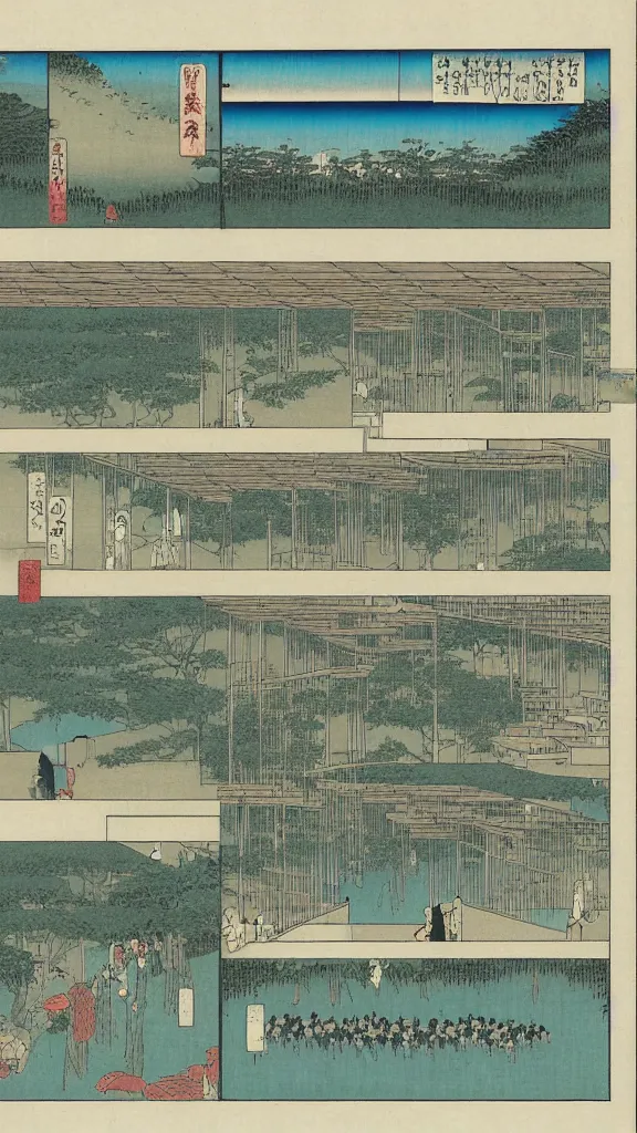 Prompt: 5 - panel comic page layout by hiroshige. sustainable parametric futuristic building in a urban setting. ultrarealistic matte painting on white page. the buildings have many deep and tall balconies covered in plants and trees. thin random columns, large windows, deep overhangs. plants hang from balconies. greeble articulated details. 8 k, uhd.