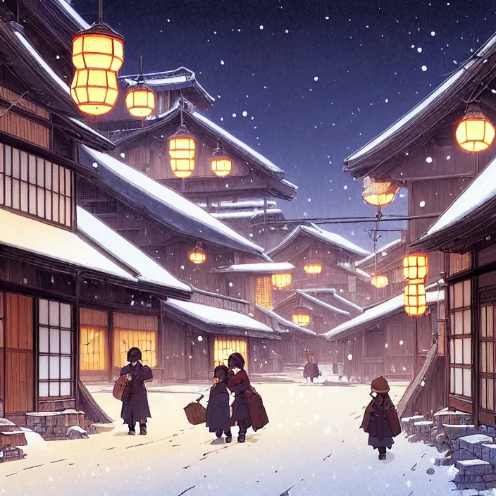 Image similar to empty rural japanese town at night, winter, in the style of studio ghibli, j. c. leyendecker, greg rutkowski, artem