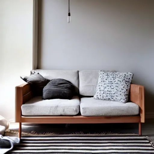 Image similar to wooden sofa, square cushions, studio lighting, scandinavian design, minimalist