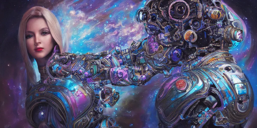 Prompt: a female robotic ai, she is painting cosmic art onto a canvas, insanely detailed and intricate, hypermaximalist, elegant, ornate, hyper realistic, super detailed, Art Deco, cinematic, trending on artstation, magic the gathering artwork, centered