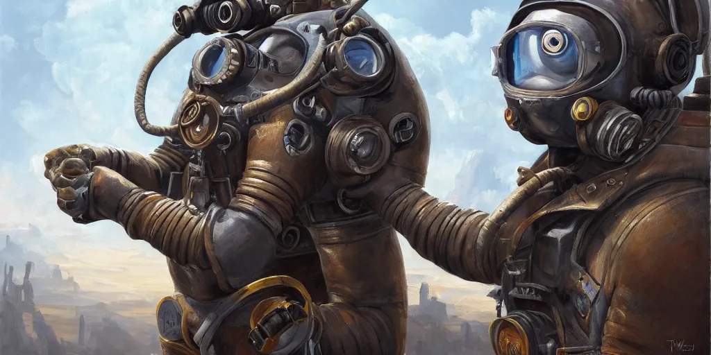 Prompt: highly detailed portrait painting of welder stallone in atmospheric diving suit, mono eyed, by eddie mendoza and tyler edlin, windows, 8 k resolution