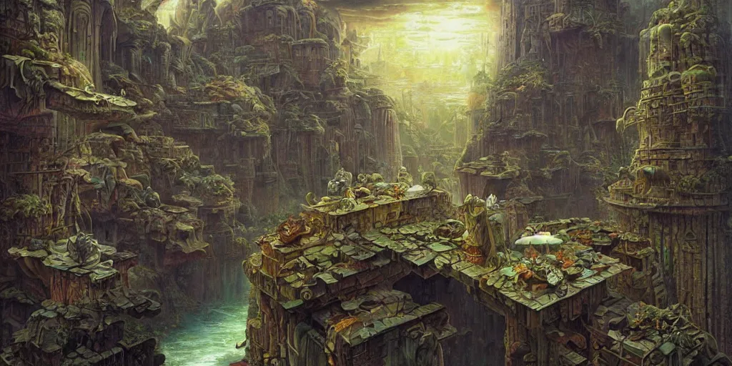 Prompt: a still frame of a floating society by hubert robert and daniel merriam and roger dean and jacek yerka, alex grey style, soft lighting, beautiful, realistic, minimalistic