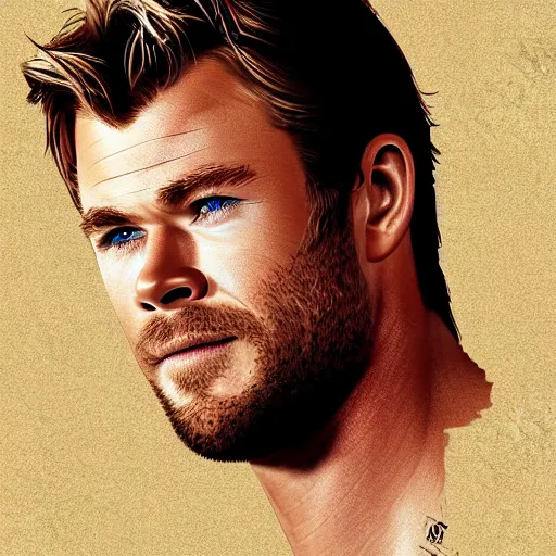 Image similar to portrait of chris hemsworth, highly detailed, centered, solid color background, digital painting