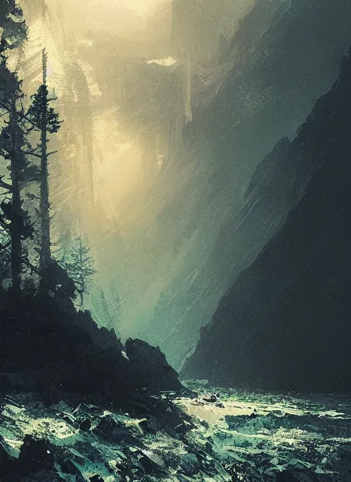 Prompt: mountain forest ocean, neon, rule of thirds, intricate, spotlight, by greg rutkowski, by jeremy mann, digital painting