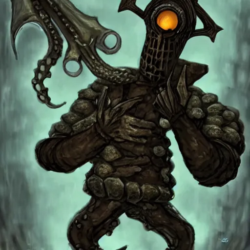 Prompt: squidward as a dark souls boss art by Bernard Krigstein's