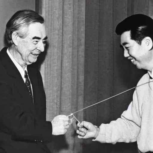 Prompt: mr. rogers and mao zedong pulling a wishbone, color photo.