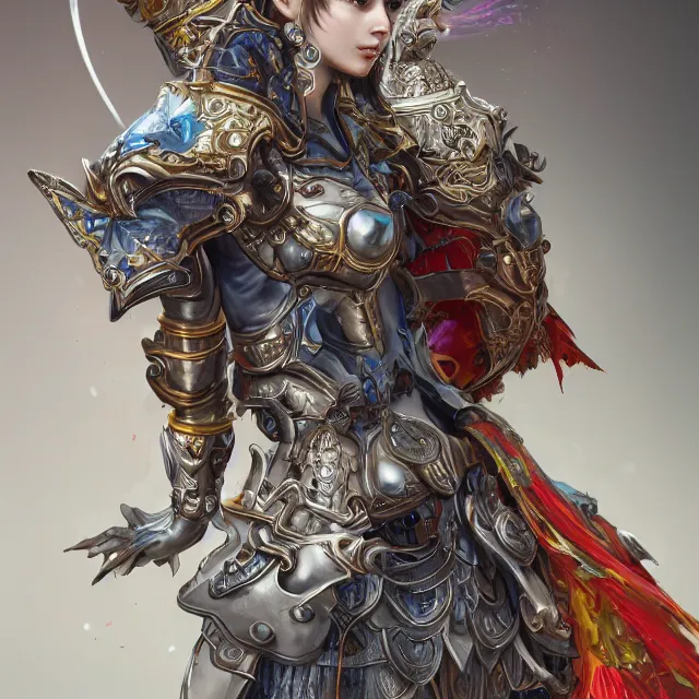 Image similar to studio portrait of lawful good colorful female holy mech paladin as absurdly beautiful, elegant, young sensual pretty woman, ultrafine hyperrealistic detailed face illustration by kim jung gi, irakli nadar, intricate linework, sharp focus, bright colors, matte, octopath traveler, final fantasy, unreal engine highly rendered, global illumination, radiant light, intricate environment