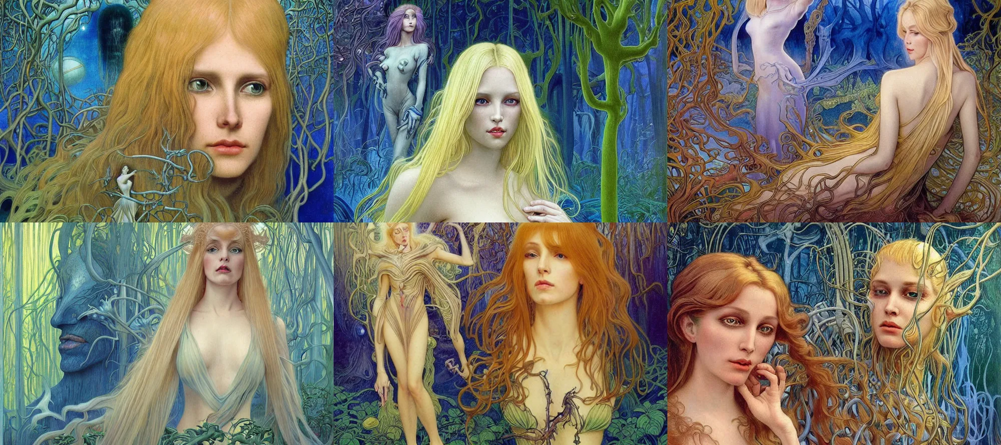 Image similar to realistic detailed portrait painting of a beautiful ghost woman with blond hair with an alien, futuristic sci-fi forest on background by Jean Delville, Amano, Yves Tanguy, Alphonse Mucha, Edward Robert Hughes, Roger Dean, rich moody colours, blue eyes