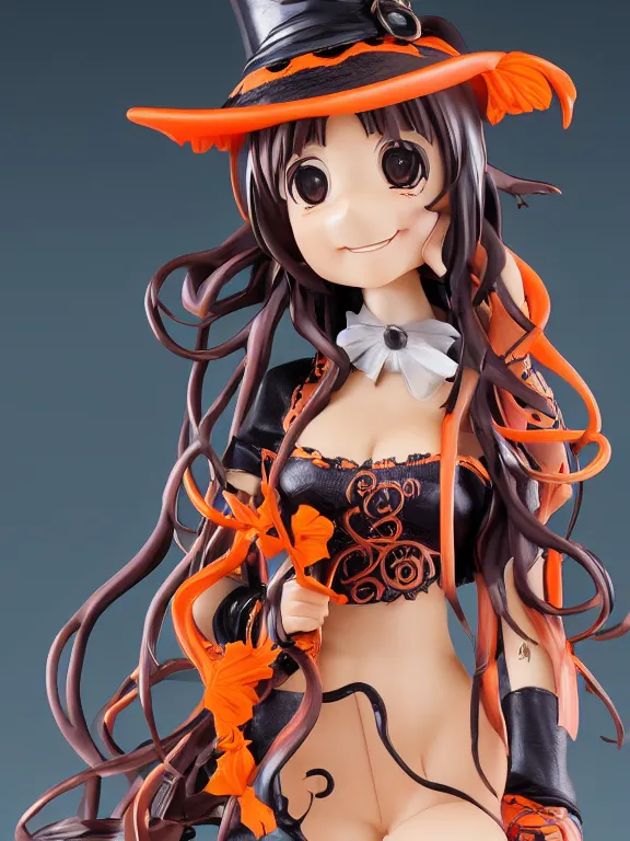 Prompt: A good smile anime figure Full shot of a cute mischievous young witch about to get up to some trouble with her playful snake familiar. Latin American fashion. Floral patterns. Black and Orange palette. Magic. defined facial features, symmetrical facial features. PVC Figure. award winning, Artstation, intricate details, realistic, Hyperdetailed, 8k resolution.