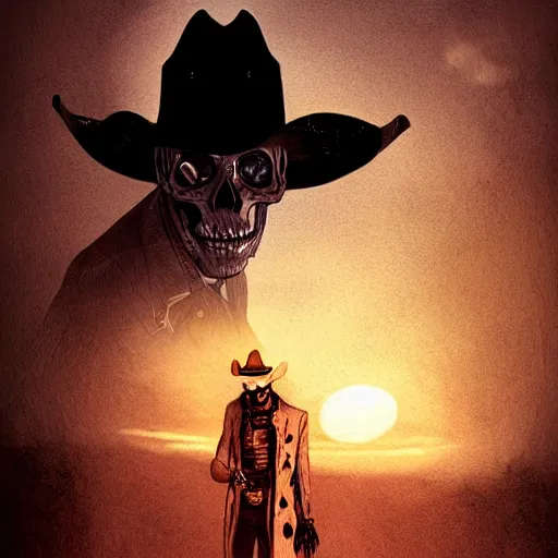 Image similar to a wounded skeleton cowboy in a long coat watching a sunset, concept art, DeviantArt, art station, illustration, highly detailed, artwork, cinematic, hyper realistic