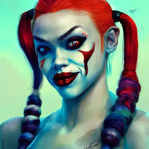 Prompt: Harley Quinn but she's a beautiful ape kid with long pony tails on either side of her head, mayhem, illustration, by James Jean, artgerm, octane render, by John Coltrane and Marc Simonetti, Manic, inspired by Greg rutkowski, colorful, high detail of the face, full body